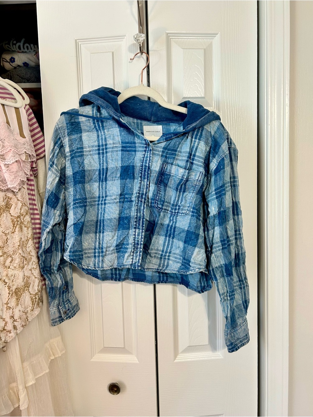 American Eagle Outfitters Blue Plaid Hooded Cropped Shirt Jacket
